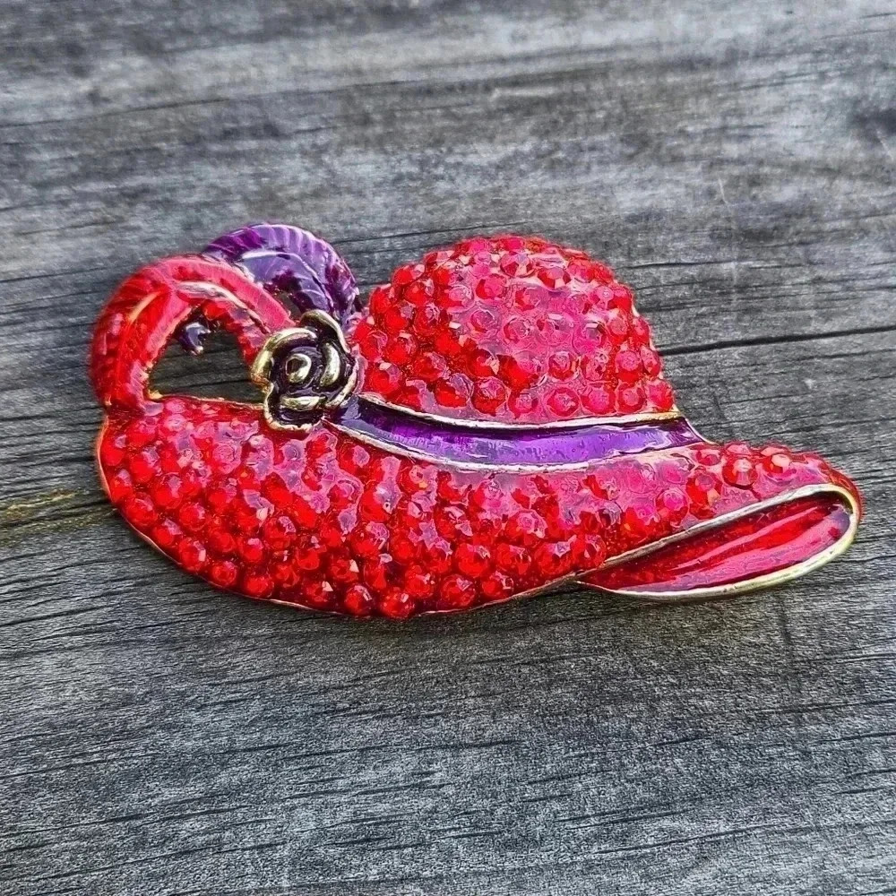 Vintage Red hat purple ties black rose  rhinestones crystal brooch
